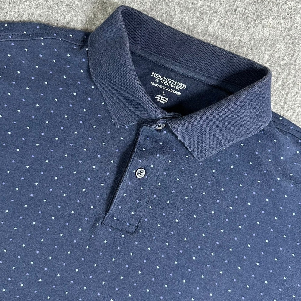 Roundtree & Yorke Mens Large Navy Blue Polka Dot Silky‎ Finish Cotton Polo Shirt